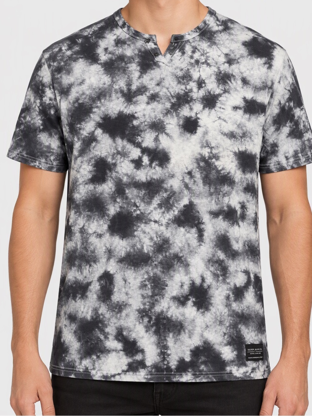 Silver Jeans Co Men’s L Black Grey Tie Dye Henley T-Shirt 100% Cotton